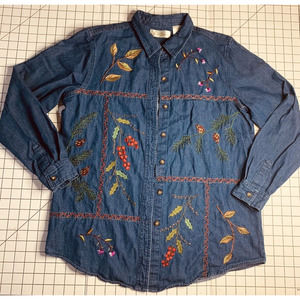 Vtg Bobbie Brooks Floral Stems Embroidered Denim Shirt Womens 8/10 42" Chest GUC